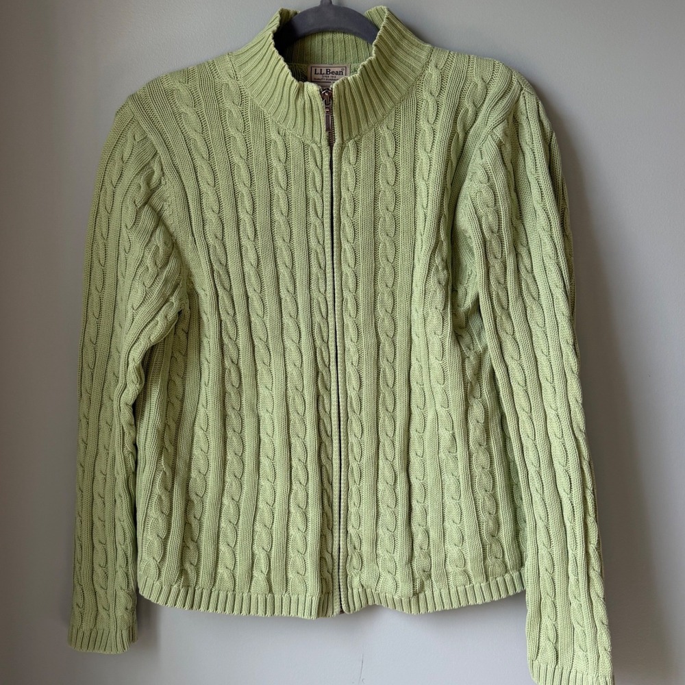 Vtg L.L. Bean Cardigan Sweater Cable Knit Full-Zip Mock Neck 100% Cotton Medium